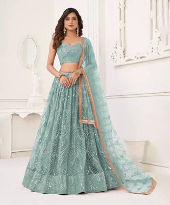Light Blue Heavy Embroidery Net Semi Stitch A Line Lehenga With Blouse 1