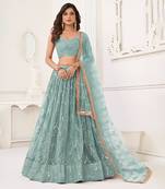Light Blue Heavy Embroidery Net Semi Stitch A Line Lehenga With Blouse