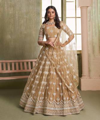 BEIGE NET FABRIC LAHENGA CHOLI WITH SEQUINS AND THREAD EMBROIDERY WORK 1