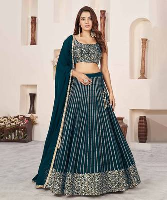 green georgette lehenga set choli with dupatta with sequin work 1