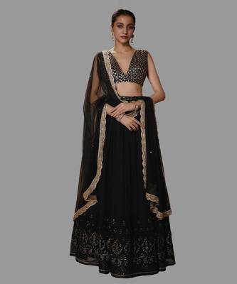 Black Sequined Work Faux Georgette Fabric Lehenga Choli with Dupatta. 1