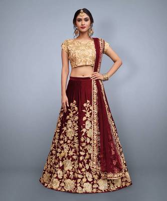 MAROON ZARI DORI & SEQUINS EMBROIDERED VELVET FESTIVE BRIDAL WEDDING & PARTY WEAR SEMI STITCHED LEHENGA CHOLI 3