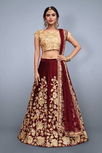MAROON ZARI DORI & SEQUINS EMBROIDERED VELVET FESTIVE BRIDAL WEDDING & PARTY WEAR SEMI STITCHED LEHENGA CHOLI
