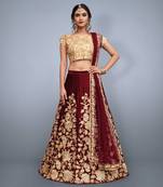 MAROON ZARI DORI & SEQUINS EMBROIDERED VELVET FESTIVE BRIDAL WEDDING & PARTY WEAR SEMI STITCHED LEHENGA CHOLI