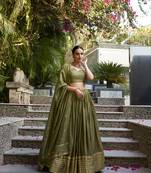 light green Chanderi Zari Weaving Work Border Lehenga Choli 