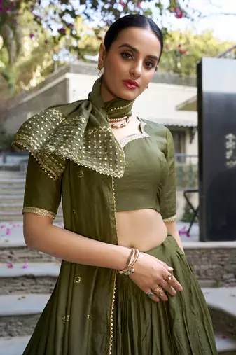 light green Chanderi Zari Weaving Work Border Lehenga Choli 