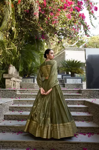 light green Chanderi Zari Weaving Work Border Lehenga Choli 