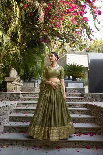 light green Chanderi Zari Weaving Work Border Lehenga Choli 