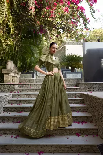 light green Chanderi Zari Weaving Work Border Lehenga Choli 