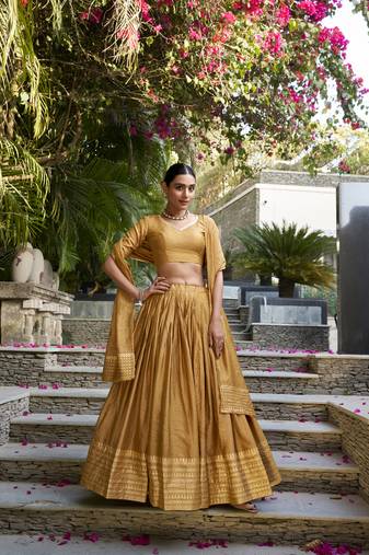 mustard Chanderi Zari Weaving Work Border Lehenga Choli 