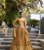 mustard Chanderi Zari Weaving Work Border Lehenga Choli