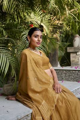 mustard Chanderi Zari Weaving Work Border Lehenga Choli  3