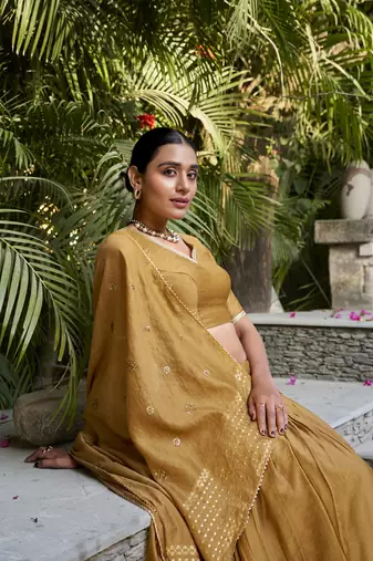 mustard Chanderi Zari Weaving Work Border Lehenga Choli 