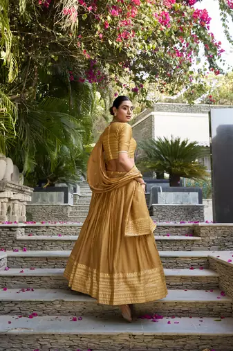 mustard Chanderi Zari Weaving Work Border Lehenga Choli 