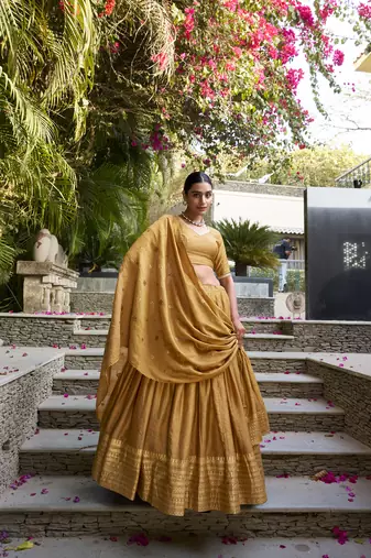 mustard Chanderi Zari Weaving Work Border Lehenga Choli 