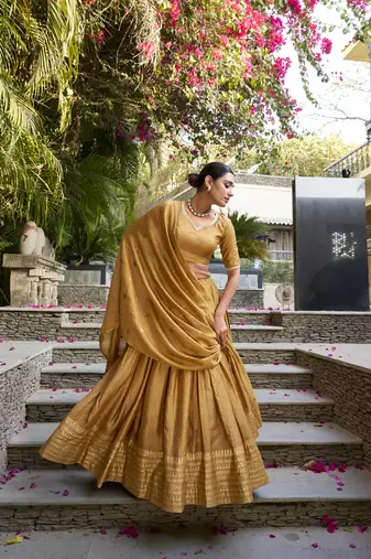 mustard Chanderi Zari Weaving Work Border Lehenga Choli 
