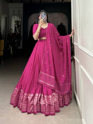 pink Chanderi Zari Weaving Work Border Lehenga Choli  1