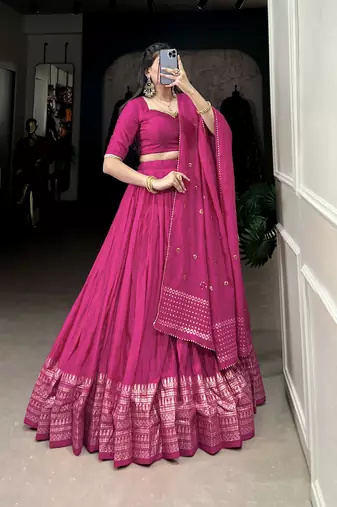 pink Chanderi Zari Weaving Work Border Lehenga Choli 