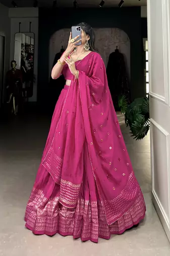 pink Chanderi Zari Weaving Work Border Lehenga Choli 