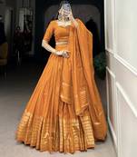 orange Chanderi Zari Weaving Work Border Lehenga Choli 