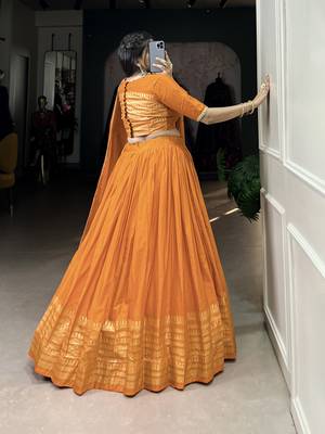 orange Chanderi Zari Weaving Work Border Lehenga Choli  3