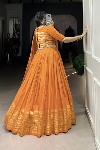 orange Chanderi Zari Weaving Work Border Lehenga Choli 