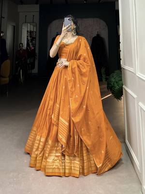 orange Chanderi Zari Weaving Work Border Lehenga Choli  4