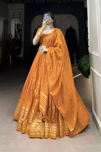 orange Chanderi Zari Weaving Work Border Lehenga Choli 