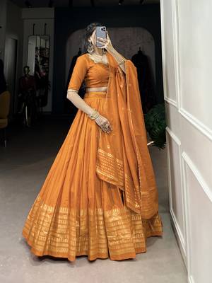 orange Chanderi Zari Weaving Work Border Lehenga Choli  5