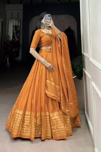 orange Chanderi Zari Weaving Work Border Lehenga Choli 