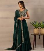Green Embroidered Work Faux Georgette Fabric Flared Lehenga Choli With Dupatta.