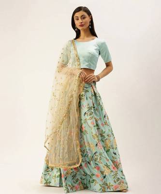 Powder Blue Satin Multicolored Floral Lehenga Choli for Events 1