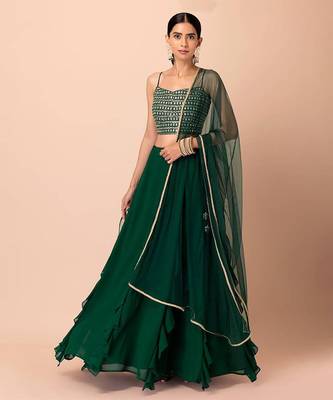 Charming Green Georgette Party Wear Lehenga With Sequins Choli 1