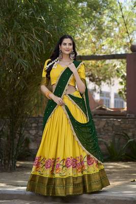 Yellow Cotton Silk Thread Embroidery Work Lehenga Choli  1