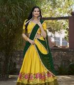Yellow Cotton Silk Thread Embroidery Work Lehenga Choli 