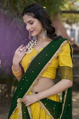 Yellow Cotton Silk Thread Embroidery Work Lehenga Choli  2
