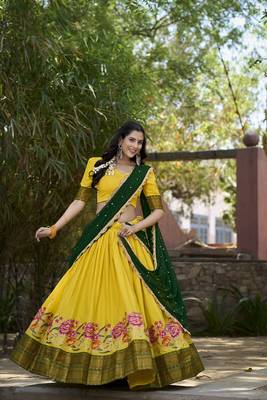 Yellow Cotton Silk Thread Embroidery Work Lehenga Choli  4