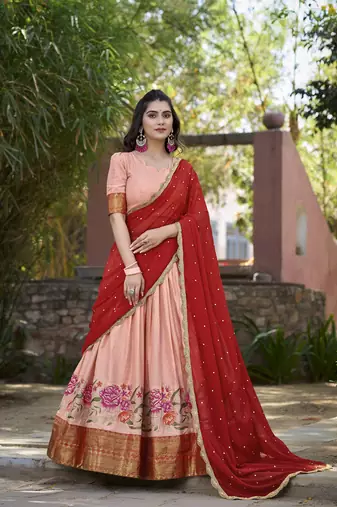 peach Cotton Silk Thread Embroidery Work Lehenga Choli