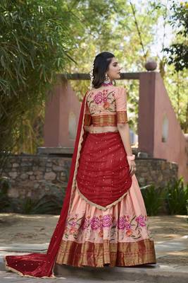 peach Cotton Silk Thread Embroidery Work Lehenga Choli 4
