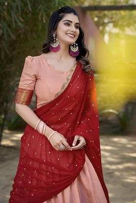 peach Cotton Silk Thread Embroidery Work Lehenga Choli 5