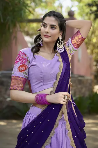 lavender Cotton Silk Thread Embroidery Work Lehenga Choli