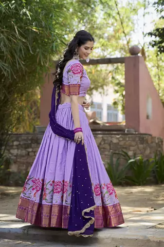 lavender Cotton Silk Thread Embroidery Work Lehenga Choli