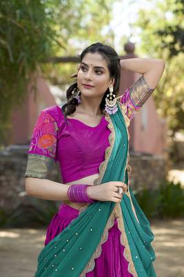 pink Cotton Silk Thread Embroidery Work Lehenga Choli  2