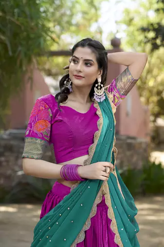 pink Cotton Silk Thread Embroidery Work Lehenga Choli 