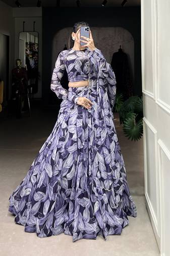 Navy blue Tabby Silk Printed Lehenga Choli  