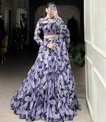 Navy blue Tabby Silk Printed Lehenga Choli  