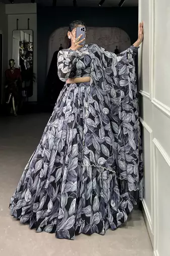 Black Tabby Silk Printed Lehenga Choli  