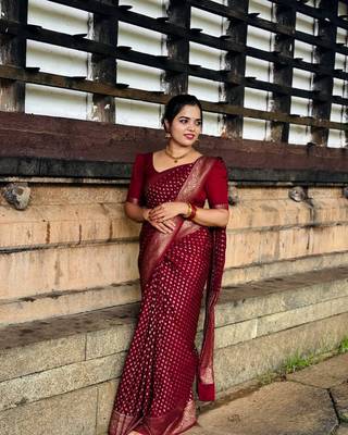 Wine Banarasi Soft Silk blend Woven Saree With Blouse 1