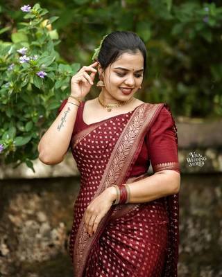 Wine Banarasi Soft Silk blend Woven Saree With Blouse 5