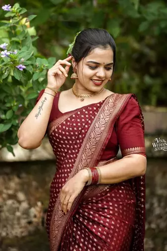 Wine Banarasi Soft Silk blend Woven Saree With Blouse